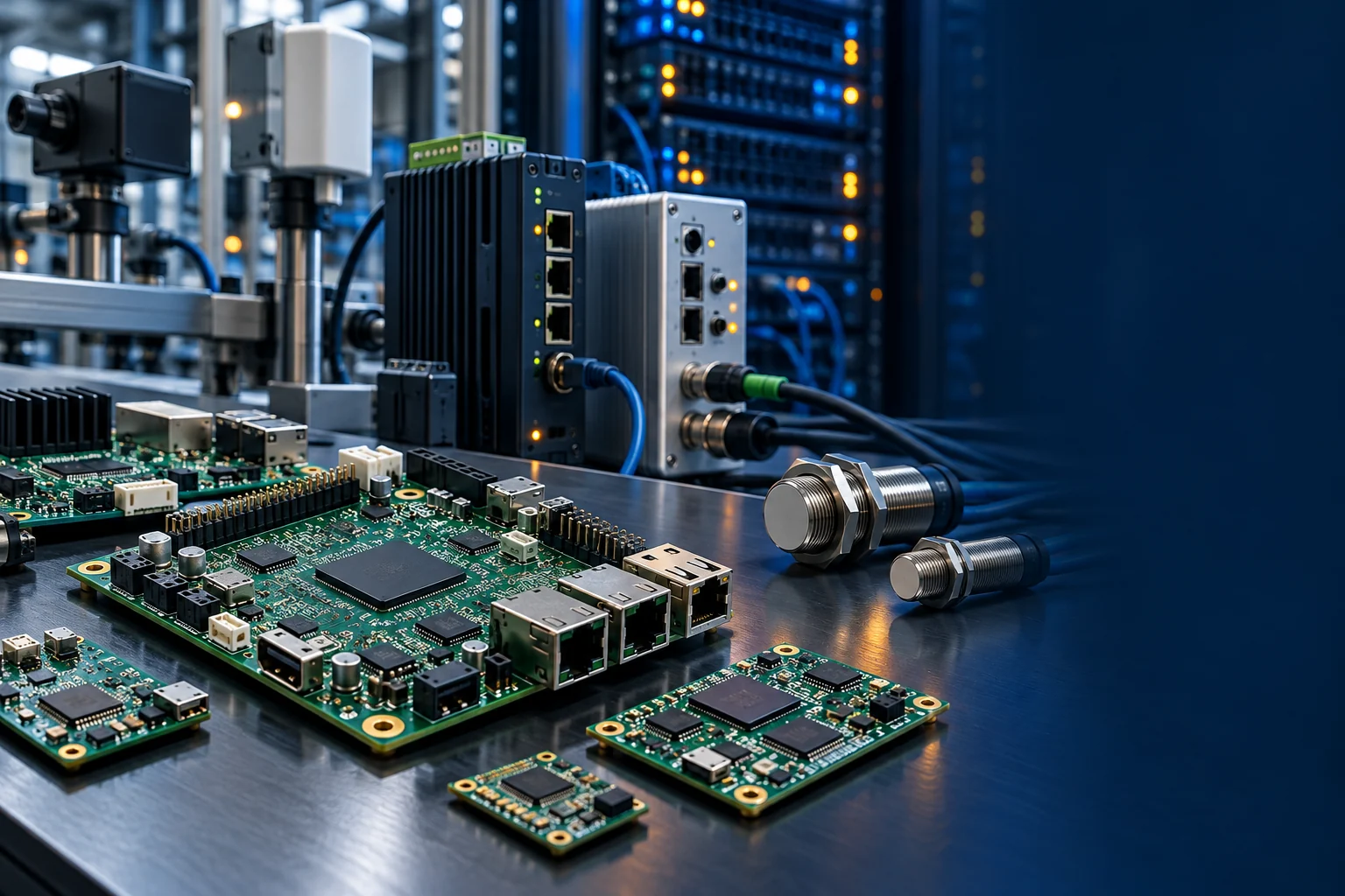 Illustrative montage of embedded circuit boards, IoT gateways, server racks and industrial sensors.