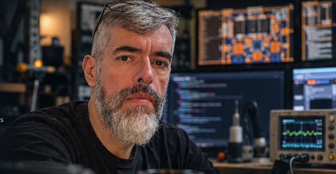 Marcos Aquino at an embedded systems development workbench; generated portrait from the visual reference.